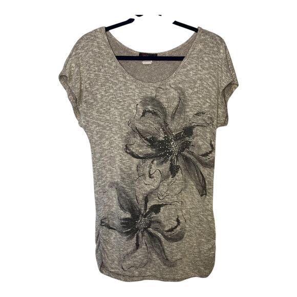 Y2K Agenda Top Womens L Floral Rhinestone Embellished Heather Beige Ruched Retro - Picture 7 of 8